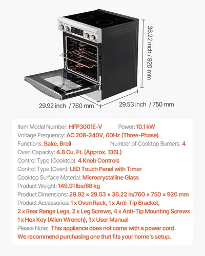 Vista 7 de VEVOR Estufa eléctrica de 30 pulgadas, horno de 4.8 pies cúbicos de capacidad, estufa de cocina de acero inoxidable compacta independiente, con 4