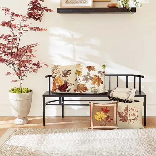 Vista 2 de Bonhause Juego de 4 fundas de almohada de hojas de otoño de 18 x 18 pulgadas, fundas de almohada decorativas de hojas de arce otoñales para sofá