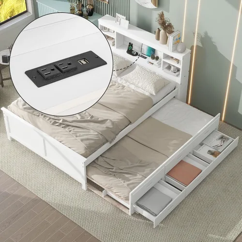 Vista 22 de VilroCaz Moderna cama de plataforma de tamaño matrimonial con cabecera de almacenamiento, base de cama de plataforma de madera maciza con nido