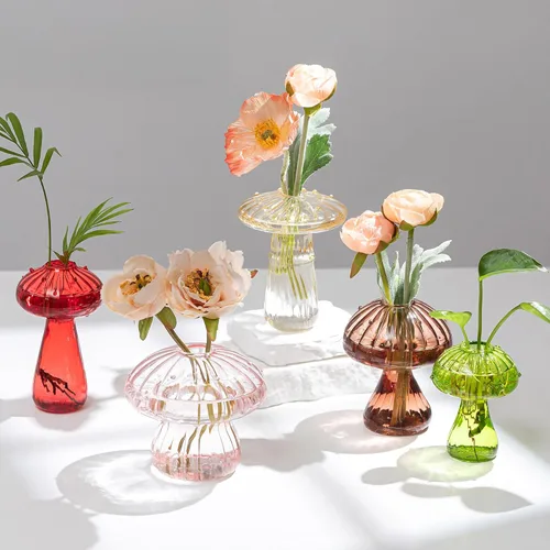 Hewory Jarrón de Cristal con Forma de Hongo para Flores, 5 piezas Jarrones Pequeños de Capullo de Flores de Colores Únicos, Jarrones Hidropónicos de
