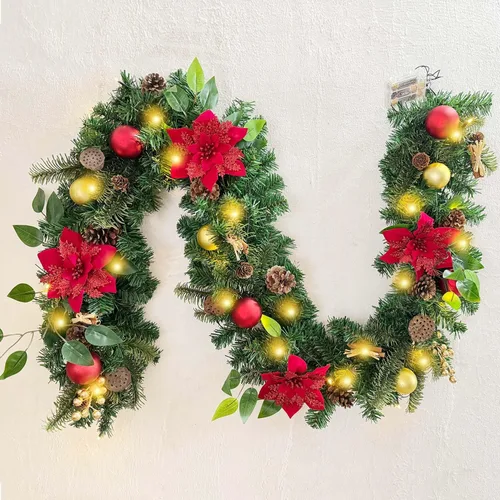 Vista 9 de WANNA-CUL Guirnalda de Navidad preencendida de 6 pies / 72 pulgadas con luces para decoración de puerta principal con adornos de bolas de Navidad