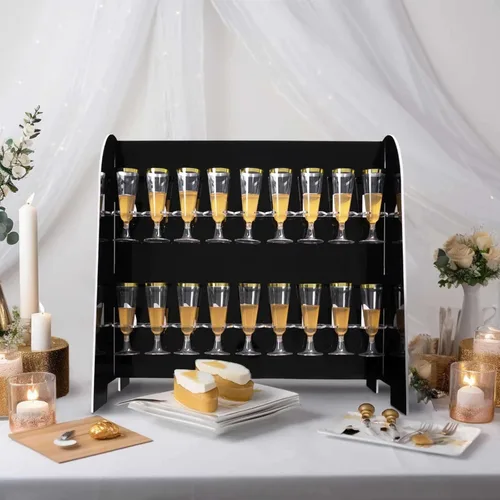 Vista 2 de Tableclothsfactory Estante para copas de vino de 2 niveles con acabado de espejo negro, soporte de espuma para 18 flautas de champán, 25 pulgadas