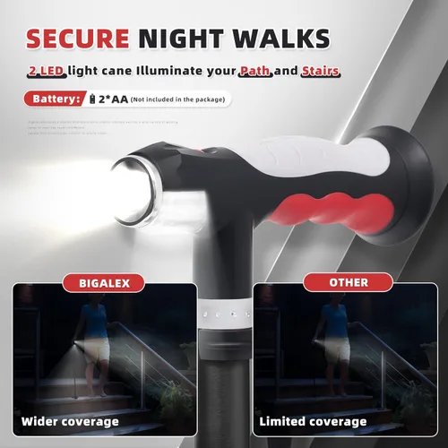 Vista 2 de BigAlex Bastón plegable con dos luces LED para ancianos, base sólida, bastón ajustable con bolsa de transporte para hombres y mujeres