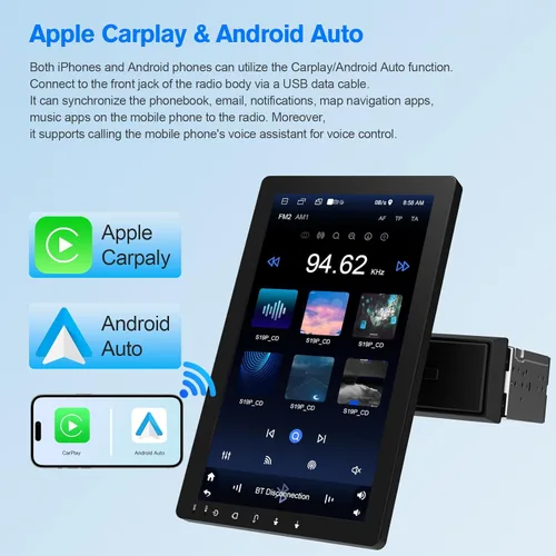 Vista 2 de Estéreo de coche con pantalla táctil giratoria de 10.1 pulgadas, Android 13, inalámbrico CarPlay/Android Auto, CPU de 4 núcleos, 2GB+32GB