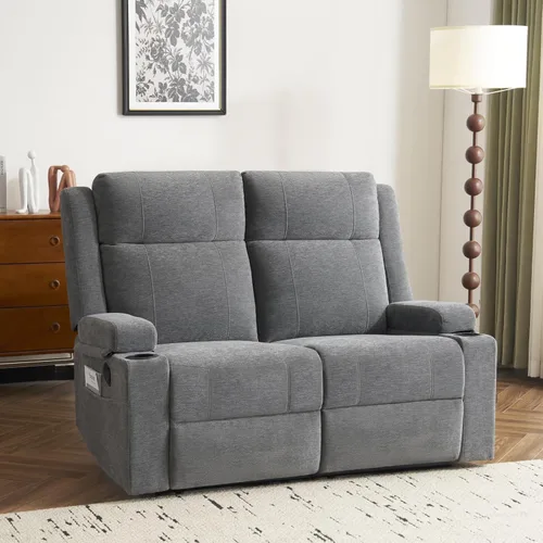 Vista 18 de Sofá biplaza reclinable manual, sofá reclinable de 2 plazas con portavasos, sofá reclinable de tela para sala de estar/RV (negro)