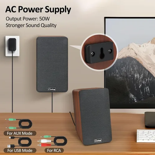 Vista 7 de Altavoces de PC de 50 W, altavoces de estantería de madera RCA, AUX