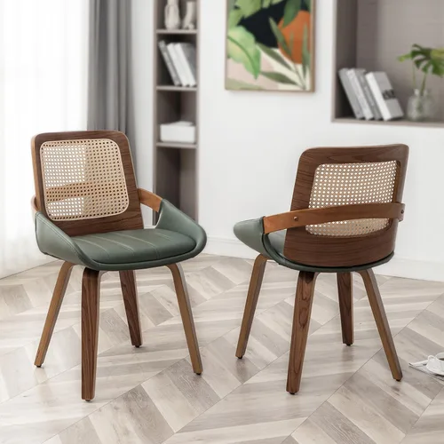 Vista 8 de Sillas de comedor de caña – Sillas de comedor modernas de mediados de siglo con marco de madera curvada de nogal, respaldo ergonómico de ratán