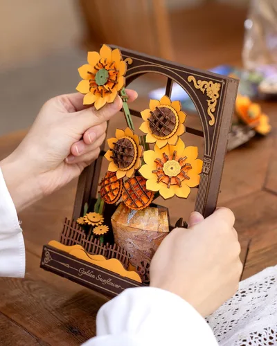 Vista 6 de Rompecabezas 3D de madera Wowood para adultos - Kits de construcción de modelos DIY Van Gogh Girasol Dorado con luz LED - Decoración del hogar, arte