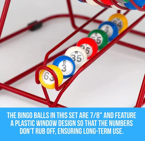 Vista 6 de Regal Bingo - Juego de Bingo Profesional con Jaula de Rueda de 11 Pulgadas, 75 Bolas de Bingo, Tablero Maestro, 18 Tarjetas de Bingo y 25 Tarjetas