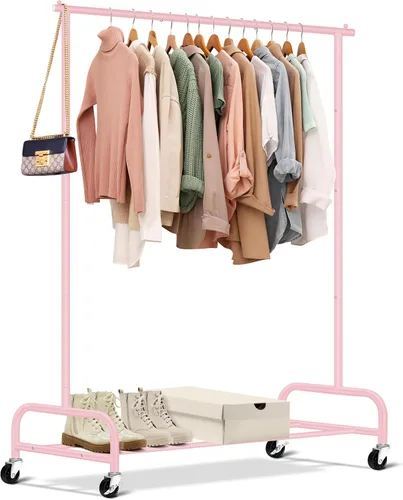 Vista 12 de SLEEPING LAMB Perchero de doble varilla resistente para colgar ropa, perchero enrollable de metal con ruedas para colgar ropa, estante de Negro