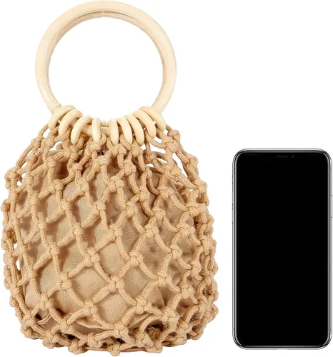 Vista 5 de Ayliss Mini bolso de mano para mujer con asa superior cordón de ajuste tejido a mano bolsa de red de pesca