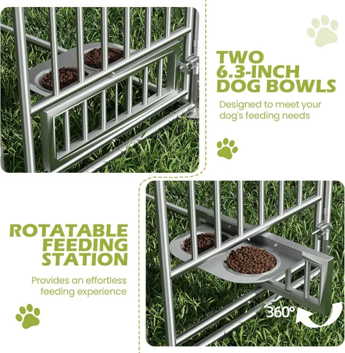 Vista 5 de Perrera para perros al aire libre de 13 x 13 pies con techo, valla exterior para perros con cuencos rotados para perros, recinto grande
