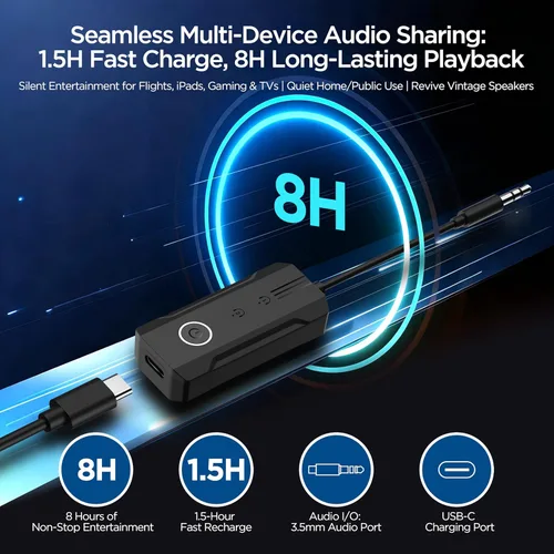 Vista 6 de 2026 Bluetooth 6.0 Transmitter Receiver, 2-in-1 Airplane Travel Adapter for 2 AirPods/Headphones, 3.5mm AUX for Flight/TV/Car, Compatible with Apple
