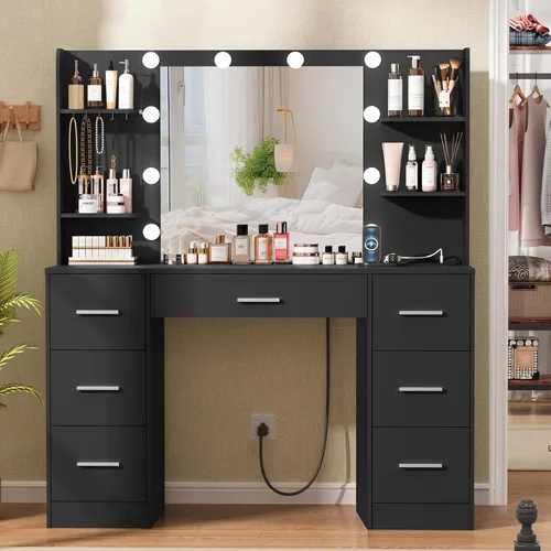Vista 15 de Quimoo - Escritorio de tocador grande de 48" con espejo y luces, tocador de maquillaje con 6 cajones, toma de corriente, juego de mesa de tocador