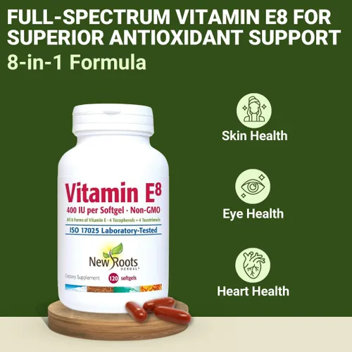Vista 2 de NEW ROOTS HERBAL Cápsulas de vitamina E de 400 UI Suplemento de vitamina E8 (120 cápsulas blandas) con los 8 tipos de vitamina E 4 tocoferoles