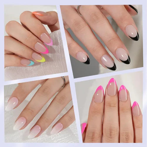 Vista 3 de 6 paquetes de uñas postizas en forma de almendra, uñas postizas de punta francesa Misssix cortas, uñas postizas reutilizables con pegamento, uñas