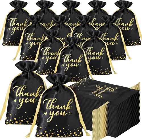 Sweetude 100 bolsas de regalo negras de satén de agradecimiento de 4 x 6 pulgadas, pequeñas bolsas de joyería con cordón para el día de la madre,
