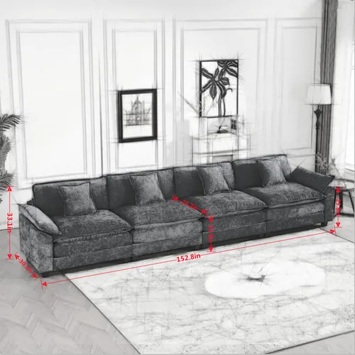 Vista 3 de Modular Sectional Couches Sofa, 4-Seat Cloud Couch with Double Layer Upholstered Seat Cushion, Breathable Chenille Fabric, for Living Room Bedroom