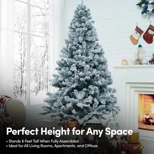 Vista 6 de Árbol de Navidad Escarchado de 6 pies Pre-Iluminado con 250 Luces LED Blancas Cálidas, 8 Funciones de Iluminación, Pino Artificial con Efecto Nieve