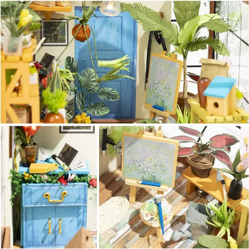 Vista 7 de Rolife Kit de casa en miniatura de bricolaje, mini diorama de invernadero 1/18, kit de construcción de casa de muñecas con LED, manualidades