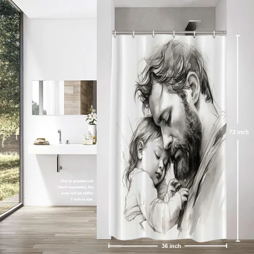 Vista 677 de Shrahala Father and Child Embracing No Hooks Shower Curtain with Snap in Liner Set, Tender Moment Captured Bathroom Décor Polyester Fiber Waterproof
