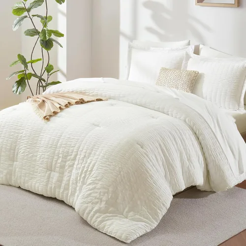 Vista 12 de CozyLux - Juego de edredón doble con sábanas de 5 piezas, color blanco con textura de sirsaca en una bolsa para niñas, juego de ropa de cama de lujo