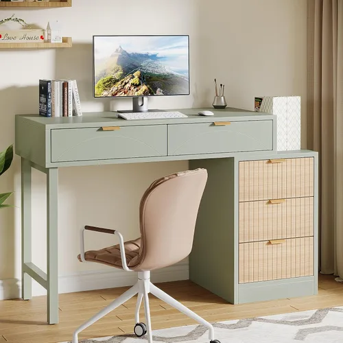 Vista 3 de Tribesigns Escritorio de computadora con 5 cajones, escritorio pequeño reversible para escribir con almacenamiento, mesa de estudio de madera Verde