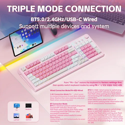 Vista 3 de AULA Teclado para juegos S99, teclados inalámbricos de computadora, teclado Bluetooth personalizado cremoso de tres modos con teclado numérico