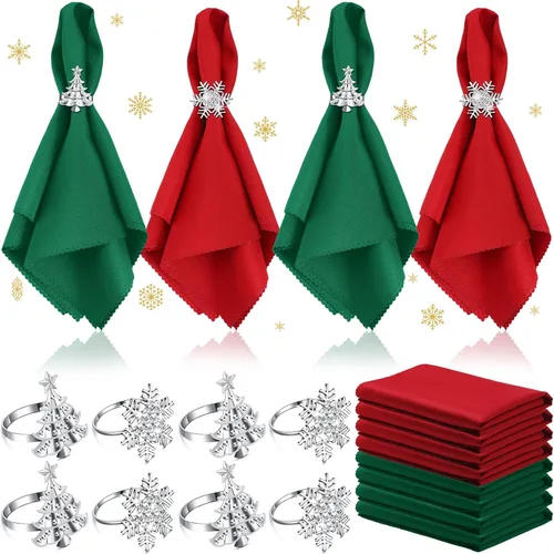 Vista 16 de EBOOT 16 piezas de servilletas de Navidad y juego de porta servilletas 8 piezas de servilletas lavables rojas de tela y 8 porta servilletas