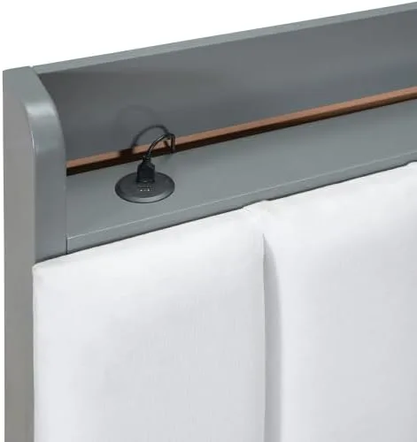 Vista 5 de Moderna base de cama LED de tamaño matrimonial con estación de carga, plataforma de madera con cabecera tapizada de almacenamiento, cama matrimonial