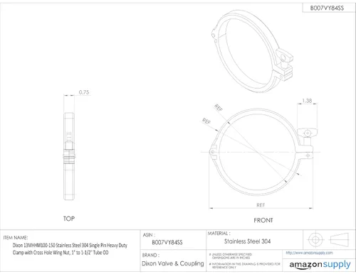 Vista 2 de Dixon 13MHHM Series abrazadera resistente de un solo pasador con tuerca de ala de agujero cruzado de acero inoxidable 304, 1