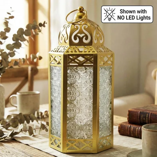 Vista 7 de Guirnalda de luces LED Vela Lanterns para farol marroquí, tamaño grande, color dorado