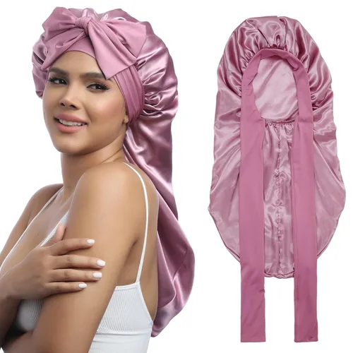 Vista 16 de AWAYTR Gorro largo de satén para mujer, gorro de seda elástica de doble capa para trenzas, gorro de dormir con banda de amarre (negro)