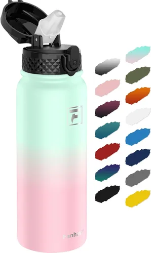 Vista 31 de Fanhaw Botella de agua aislada de acero inoxidable de 40 onzas con tapa con popote, botella deportiva extragrande a prueba de fugas para hombres