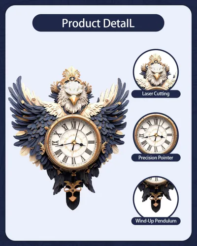 Vista 5 de Rompecabezas de madera 3D para adultos, kit de modelo de reloj de águila calva con péndulo, rompecabezas 3D para adultos, kit de reloj de pared DIY