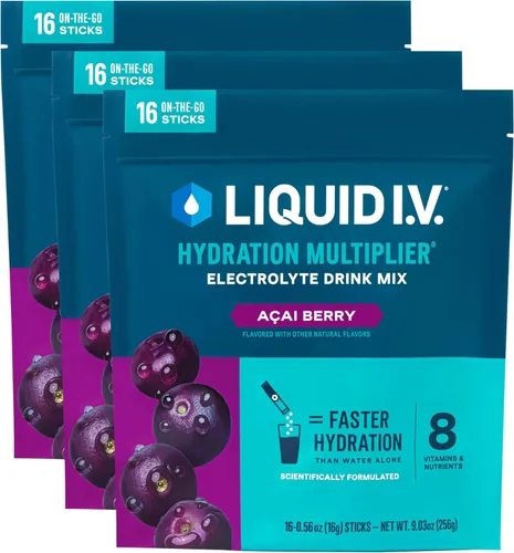 Líquido I.V. Multiplicador de hidratación, polvo de electrolito, paquetes fáciles de abrir, bebida de suplemento (Acai Berry), 48