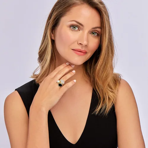Vista 2 de Ross-Simons 8mm Cultured Pearl, Black Onyx and Moonstone Ring in 18kt Gold Over Sterling