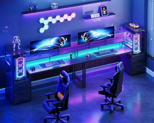 Vista 8 de Casaottima - Escritorio de juegos de 59 pulgadas con puertos de carga USB y luz LED - Escritorio reversible para computadora con 3 cajones de tela