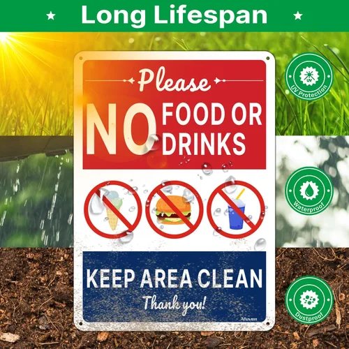 Vista 5 de Letreros de "No Food or Drink Keep Area Clean" de 10 x 7 pulgadas, aluminio libre de óxido, resistente a la intemperie, fácil de instalar, uso al