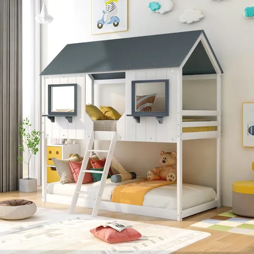 Vista 177 de Cama de casa de tamaño individual con elegantes ventanas y estantería, litera con diseño de castillo de madera con barandillas de seguridad
