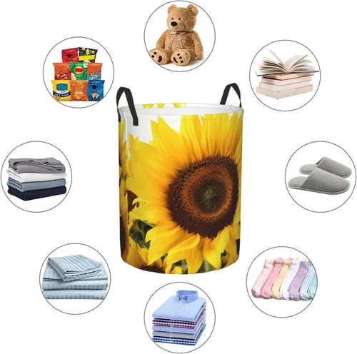 Vista 6 de Cesta circular con estampado de girasol, impermeable, organizador de almacenamiento, cesta de lavandería con asas para ropa, juguetes, pequeña