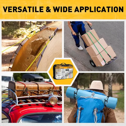 Vista 16 de Cuerdas elásticas resistentes al aire libre: 20 piezas de cuerdas elásticas de goma premium con ganchos en un tarro de almacenamiento incluye cuerda