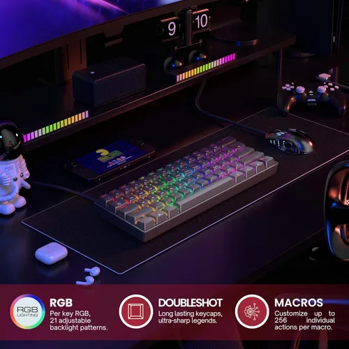 Vista 3 de Teclado mecánico para videojuegos GK61 - 61 teclas multicolor, con iluminación LED RGB, alámbrico, programable para PC o Mac gamer, táctil