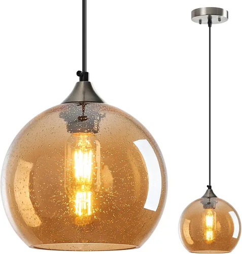 Vista 16 de Luces colgantes de vidrio marrón claro, lámpara colgante de globo de isla de cocina, lámparas colgantes modernas para dormitorio, sala de estar