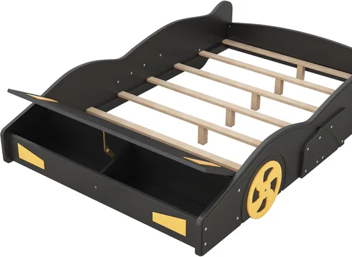 Vista 7 de Harper & Bright Designs Cama de plataforma en forma de automóvil de tamaño matrimonial con almacenamiento y ruedas, cama matrimonial para niños