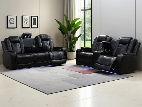 Vista 90 de Juego de sofás reclinables eléctricos, juegos de muebles de sala de estar, sofá reclinable eléctrico moderno negro, sofá biplaza y silla