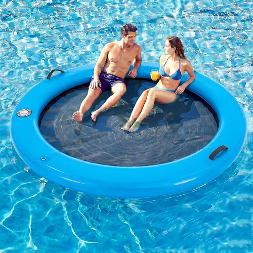 Vista 15 de 6-12FT Round Inflatable Floating Dock, Sunchill Float Ring, Water Hammock Tanning Pool Floats with Woven Fabric, Manual Pump for Quick
