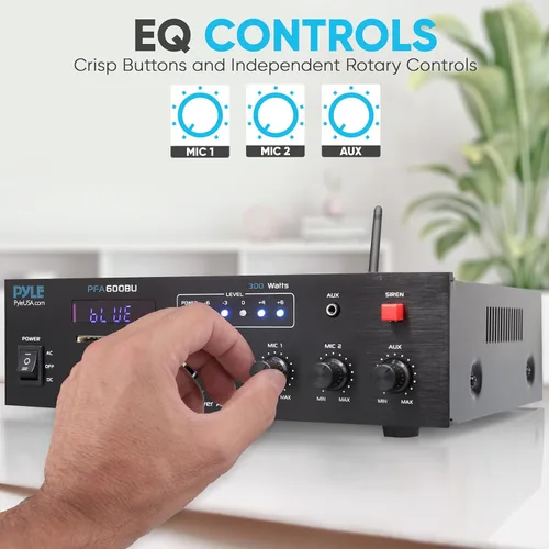 Vista 5 de Pyle Amplificador de karaoke Bluetooth de 300 W - Sistema PA de 2 canales con radio FM - USB/SD - AUX - 2 entradas de micrófono - alarma de sirena