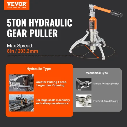 Vista 2 de VEVOR Extractor hidráulico de engranajes, separador de extracción de rodamiento de rueda de capacidad máxima de 5 toneladas, extractor de 2 o 3