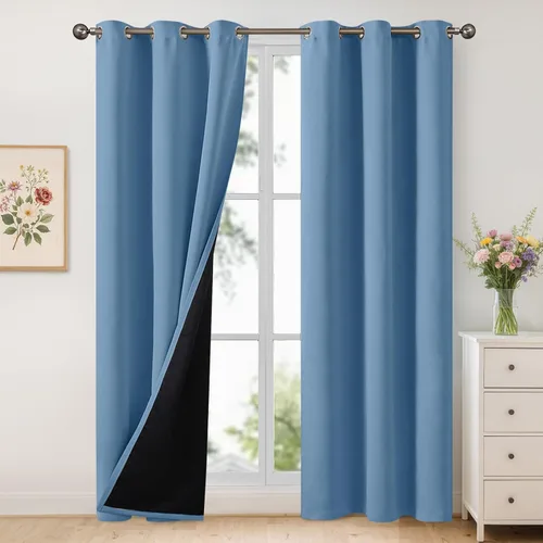 Vista 203 de YoungsTex - Cortinas 100% opacas para dormitorio, con aislamiento térmico y ojales, cortinas oscuras negras con capa pesada para ventana de sala